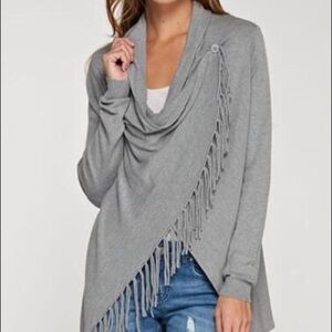 "KUAN" a Lovestitch drape neck fringed wrap sweater.